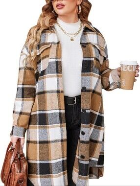 Plaid Button-Front Utility Shacket in Tan Black White